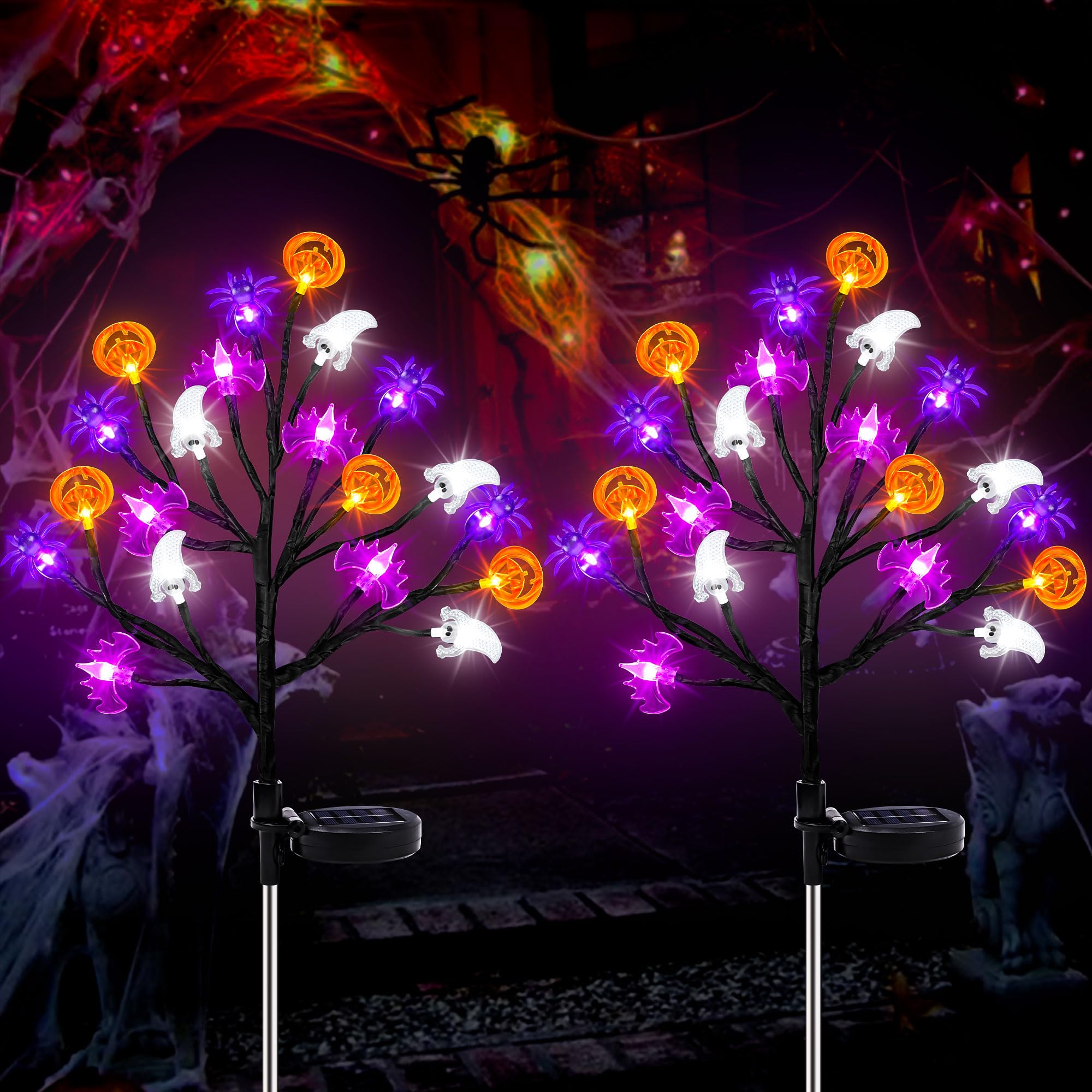 View 1 of Halloween Decorations Outdoor Solar Lights, 2 Pack Halloween Lights Outdoor Solar Lights Waterproof with 20 LED Ghosts Bats Spiders Pumpkin Light, 8 Modes Solar Pathway Lights for Halloween's Decor