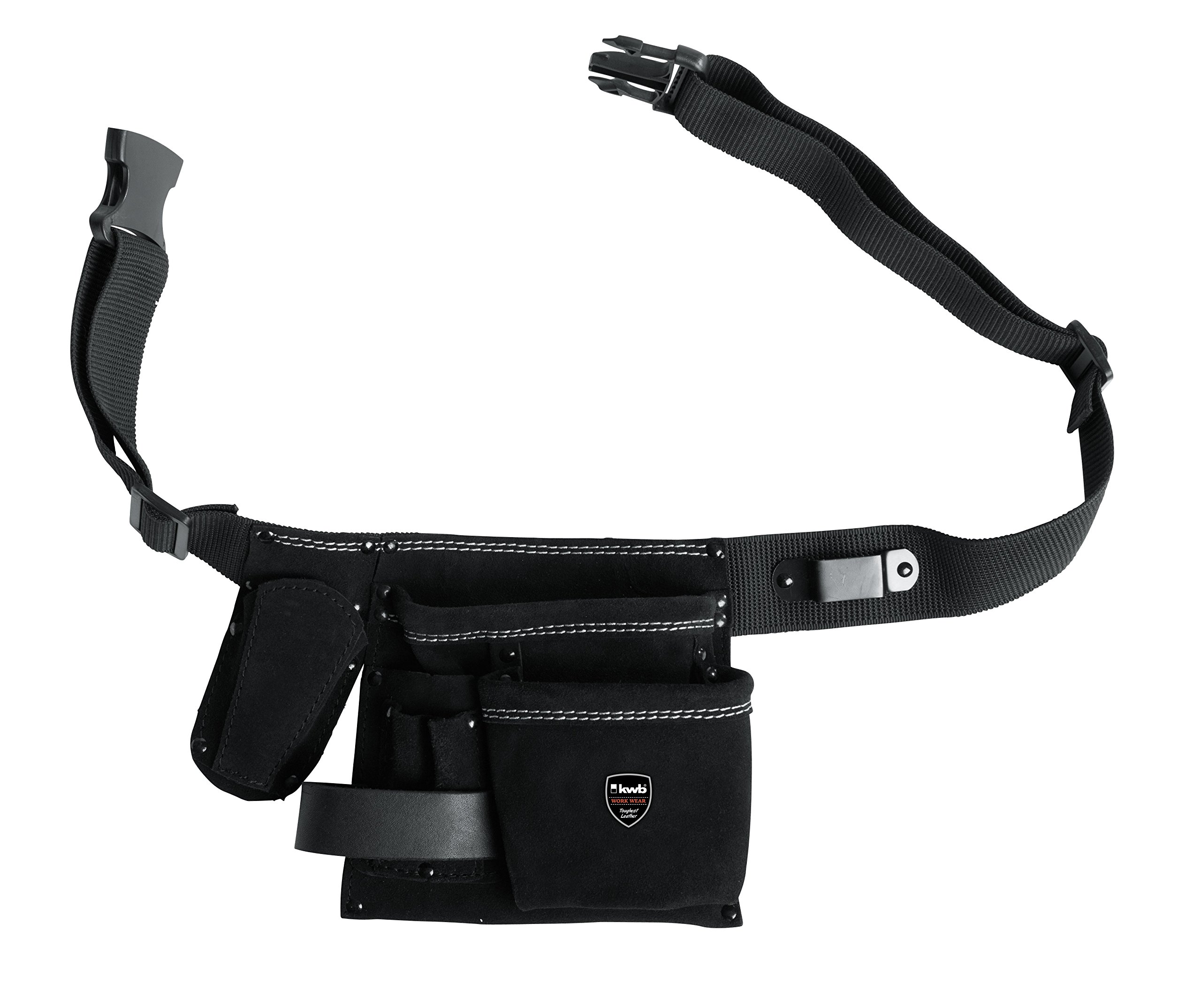KWB LEATHER TOOL BELT WITH BELT - 5 COMPARTMENTS, NAIL BAG, KNIFE POUCH, HAMMER HOLDER, AND TAPE MEASURE HOLDER