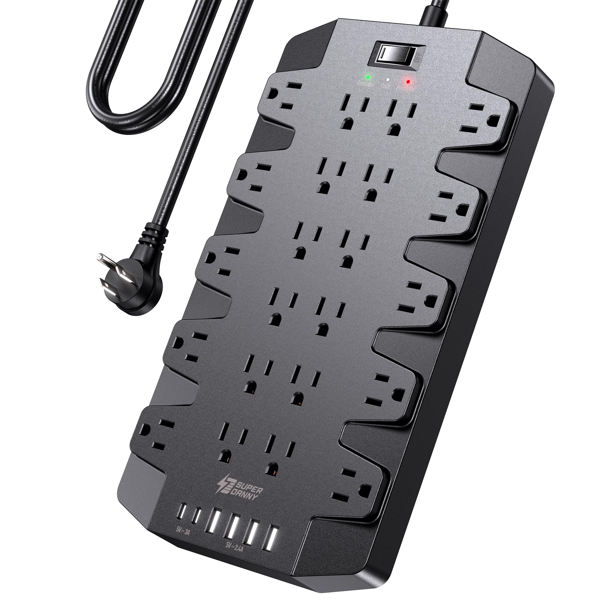 Photo 1 of Power Strip, SUPERDANNY Surge Protector with 22 AC Outlets, 2 USB-C and 4 USB Ports, 1875W/15A, 2100J, 6.5Ft Extension Cord Surge Protector Power Strip with Wall Mount Holes for Home, Office, Dorm