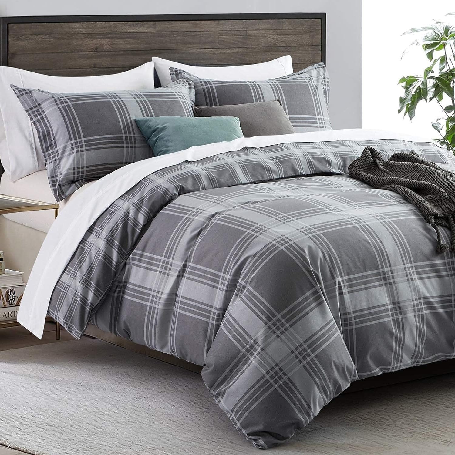 Imperial Rooms Super King Duvet Set Soft Printed Bedding Sets Brushed Microfiber Duvet Covers with Pillowcases (Grey Check 260x220 CM)