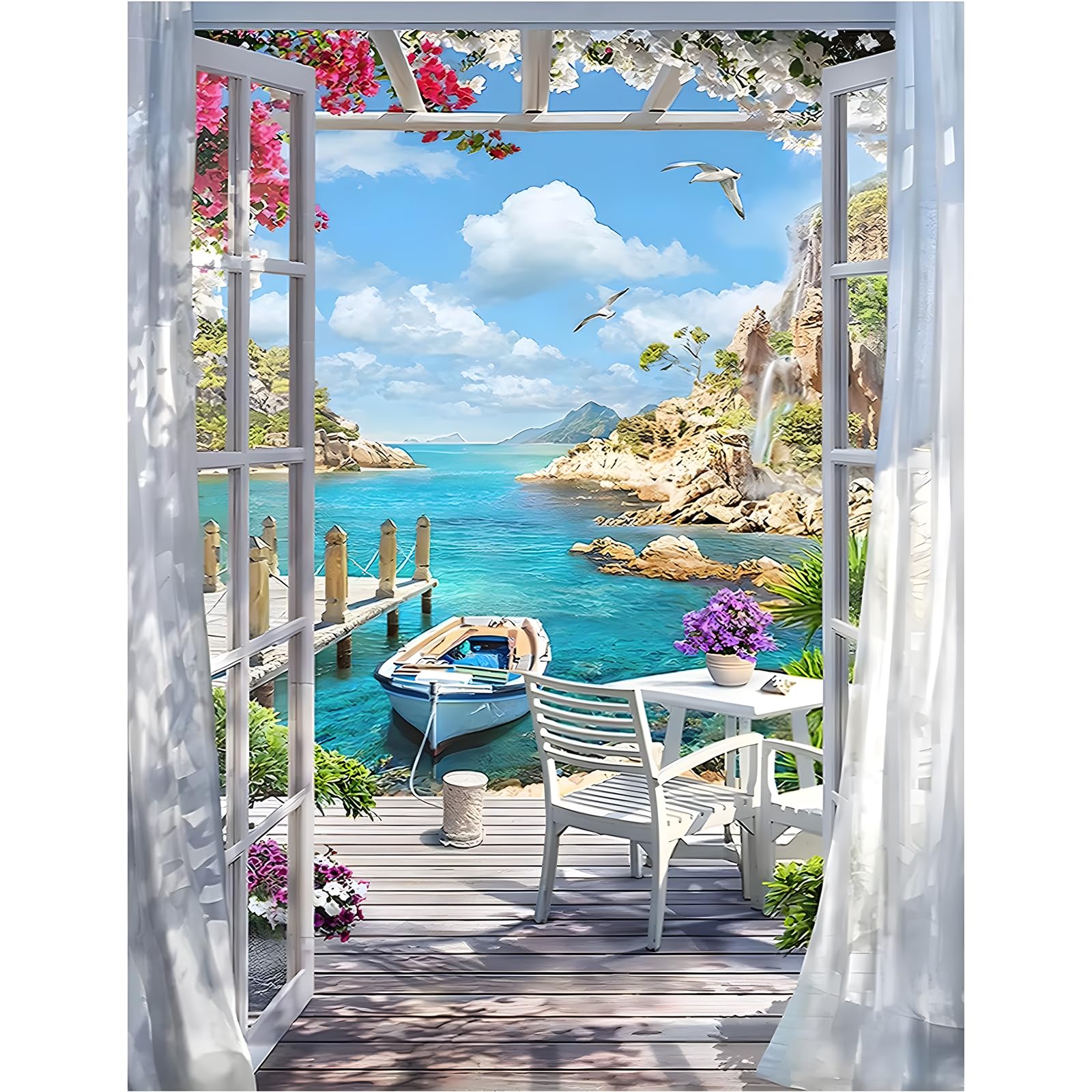 MXJSUA DIY 5D Landscape Seaside Boat Scenery Diamond Painting Kits for Adults Beginners,Seaside Boat Diamond Art Kit,Scenery Full Round Drill Gem Art Kits,Home Wall Decor 12x16Inch