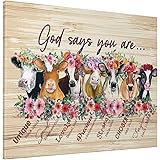 Cute Cow Canvas Wall Art God Says You Are Rustic Farm Cow Kitchen Decor Flower Wooden Background Quotes Pictures Framed Modern Giclee Print Painting Home Decoration For Living Room Bedroom 16x20inch