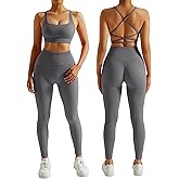 RXRXCOCO Ribbed Workout Sets for Women 2 Piece Backless Strappy Sports Bra Seamless Leggings Matching Set Yoga Outfits