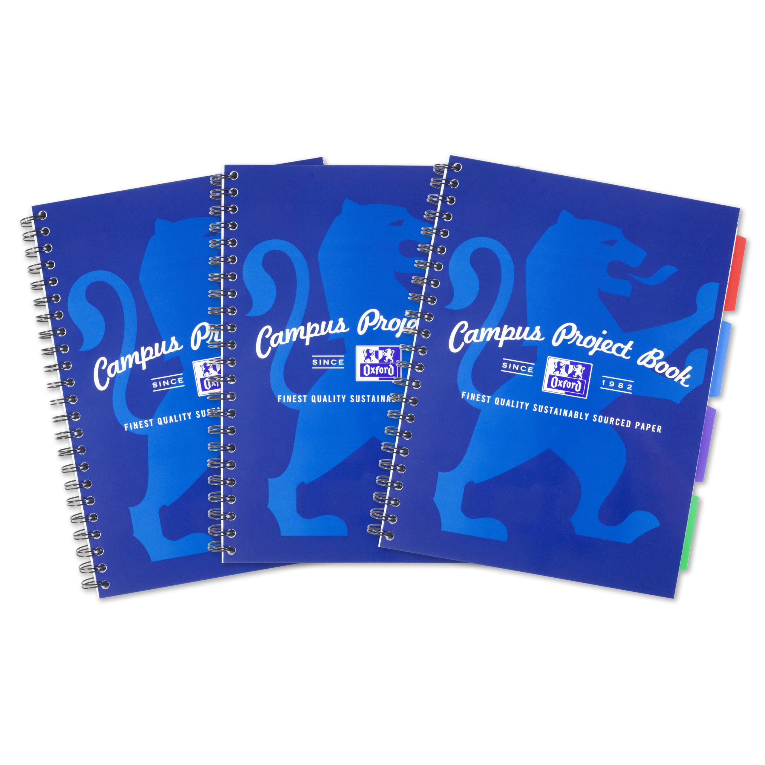 Oxford Campus A4 Project Notebook with Dividers, Wirebound, 8 mm Lined with Margin, 200 pages, Pack of 3, Optik Paper+, Blue