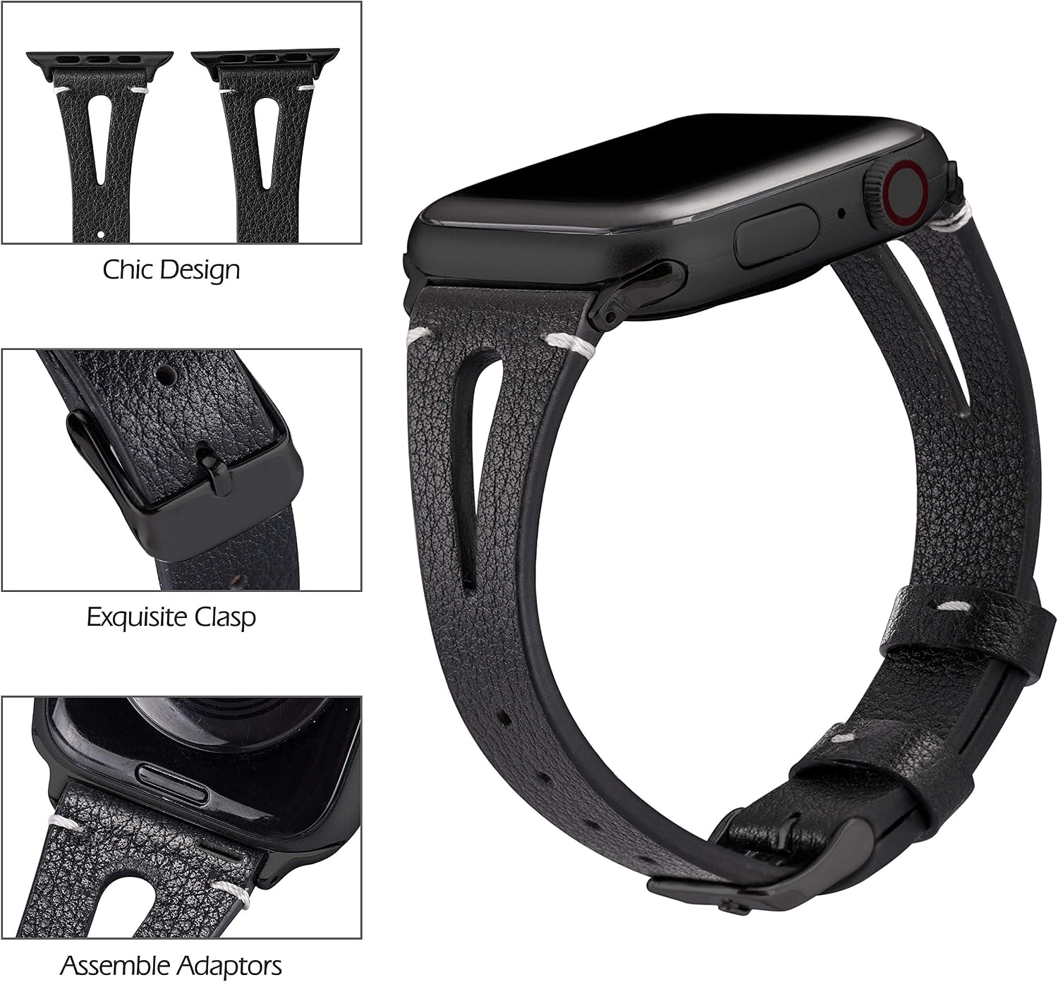 Wearlizer Black Leather Strap Compatible with Apple Watch Straps 41/38/40/42mm iWatch Womens Mens Triangle Hole Wristband Sport Replacement Bracelet SE Series 11 10 9 8 7 6 5 4 3 2 1 Edition - Image 5