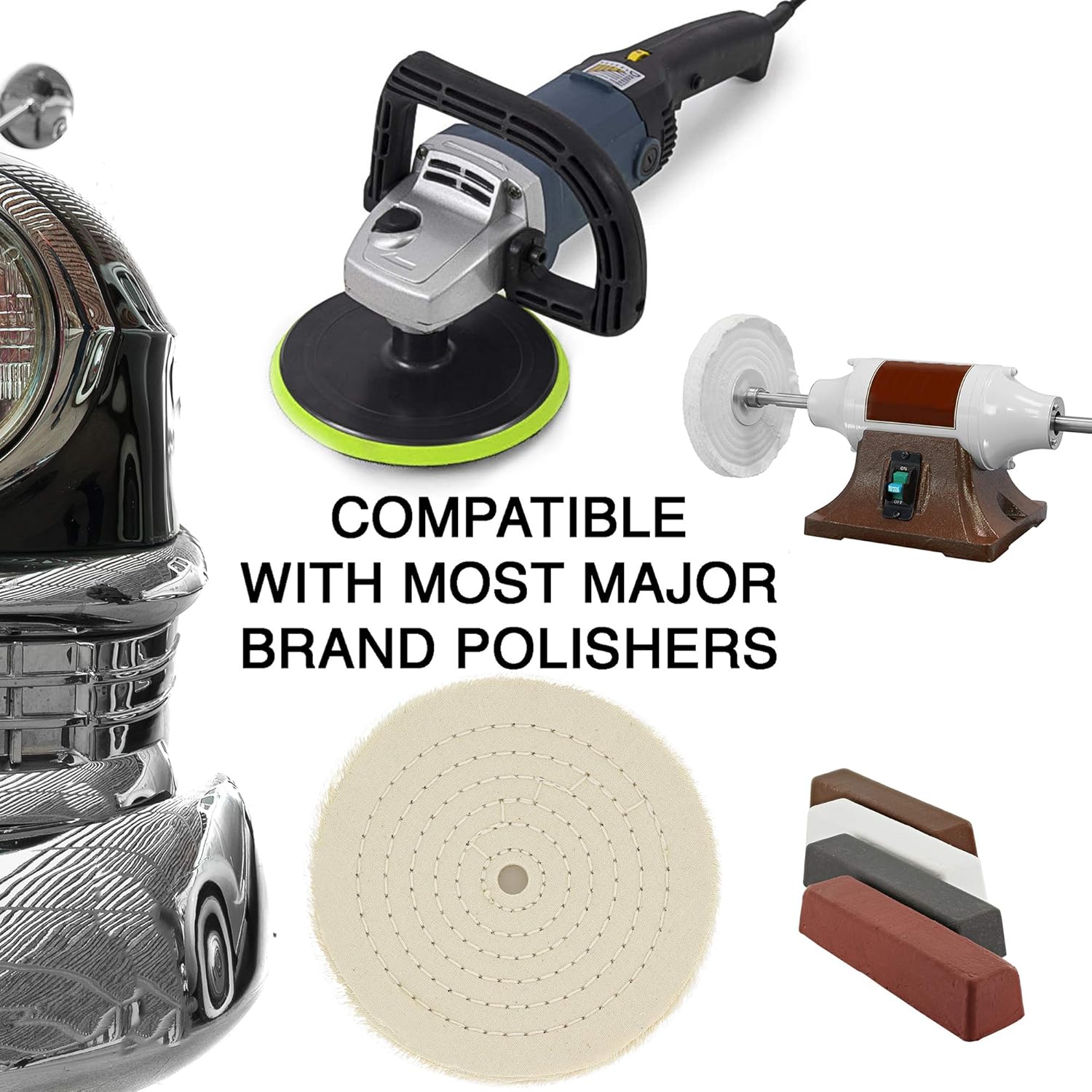 3 Assorted 6 Inch with 1/2” Arbor Wheels & 4 Polishing/buffing Compounds. Drixet Professional