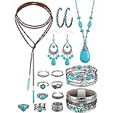 Inbagi 15 Pcs Western Turquoise Jewelry Set for Women Bohemian Pendant Necklace Dangle Earrings Boho Layered Bracelet Knuckle Rings
