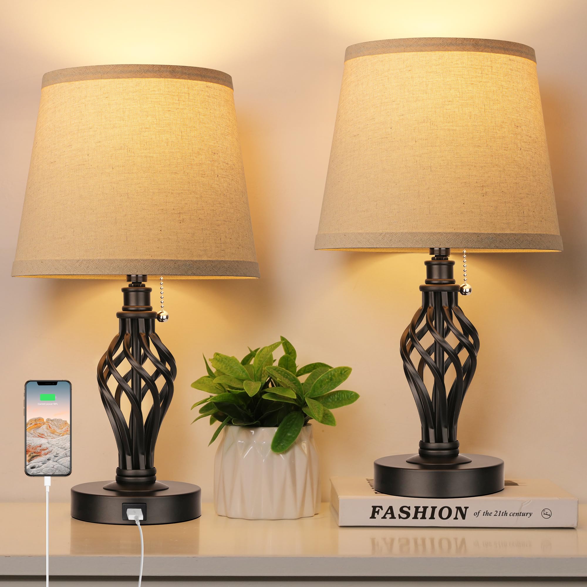 Photo 1 of (used) PARTPHONER Table Lamps Set of 2, Farmhouse Bedside Lamps with USB Ports, Nightstand Lamp Cream Drum Shade Spiral Cage Base Desk 
