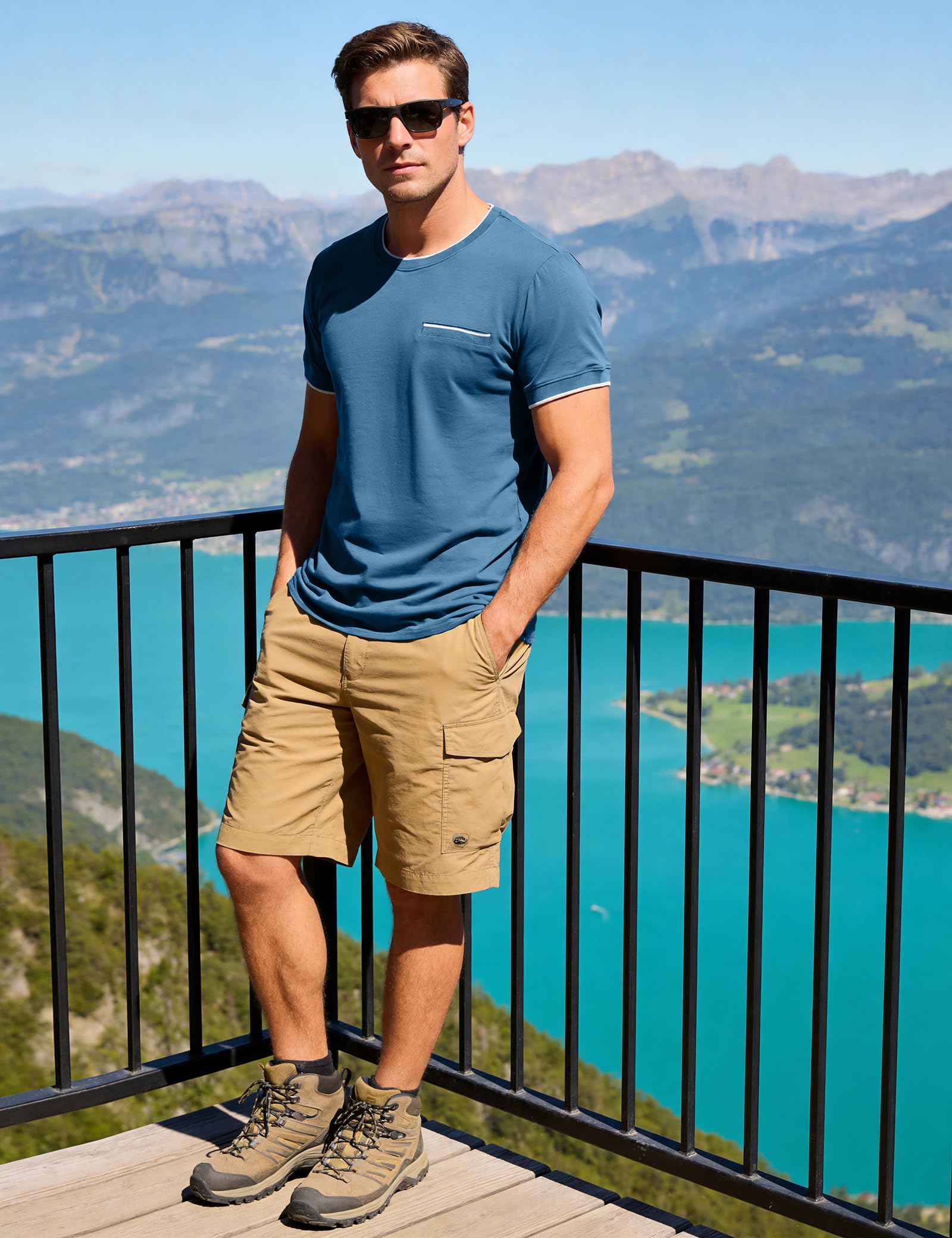 iClosam T-Shirt Herren Baumwolle Kurzarm Rundhals Color-Blocking Ärmeln Shirts Männer Sommer mit Dekorative Tasche,Blau,L 3