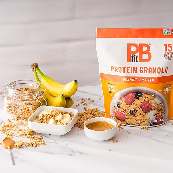 PBFIT PEANUT BUTTER PROTEIN GRANOLA, 15G PLANT-BASED PROTEIN 22% DV, MADE WITH WHOLE GRAIN OATS AND CHIA SEEDS, GLUTEN FREE, FOR PROTEIN SNACKS CEREALS BREAKFAST YOGURT, 32 OZ BAG