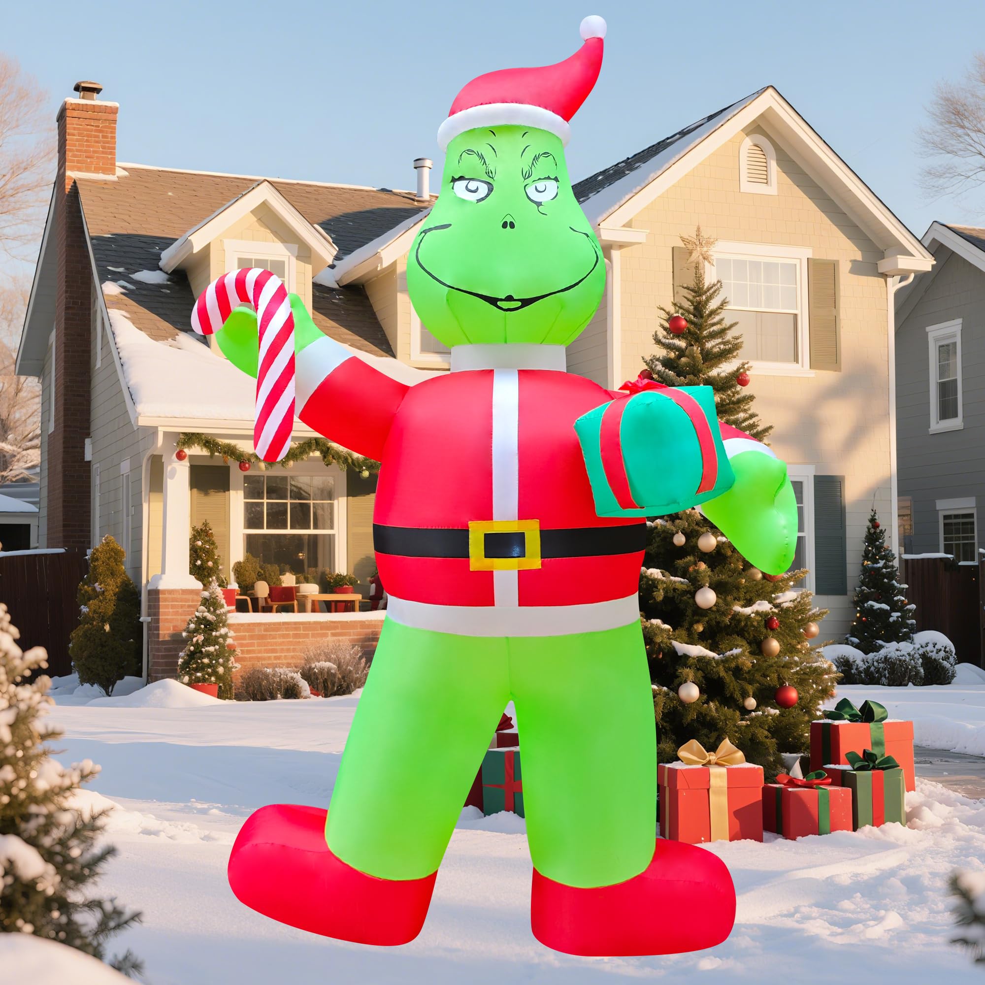 Photo 1 of 12ft Giant Christmas Inflatables Outdoor Decorations Blow up Santa Green Monster with Gift Box,Candy Cane, LED Lights for Yard Decor/Lawn/Garden/Holiday Party