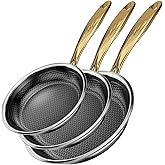 FogDream 3 Pcs Non Stick Frying Pans without Lids, 8, 10 & 12 Inch Stainless Steel Skillets, Tri-Ply Stainless Steel for All Cooktops, Dishwasher & Oven-Safe Cooking Pan, Stay-Cool Handle, Gold