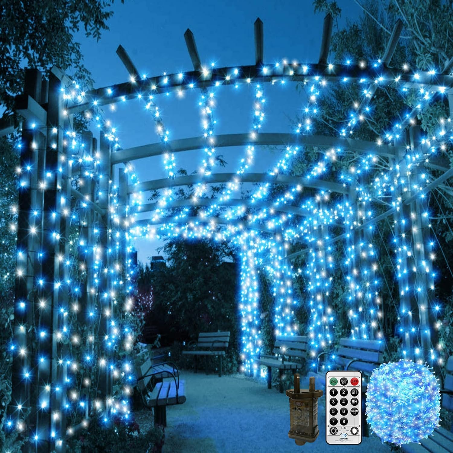 CORST 100m 600LED Long Outdoor Fairy Lights Plug in, Outside Indoor Fairy Lights String Garden Light Mains Powered Waterproof with Remote,Timer 8Mode for Gazebo Home Decor(Blue+White)