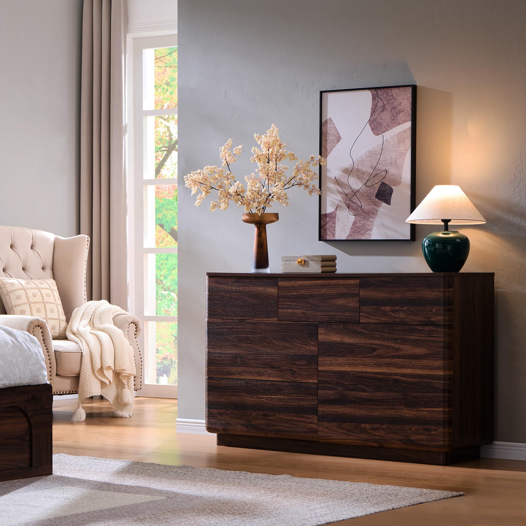 Photo 1 of JXQTLINGMU 7 Drawer Dresser for Bedroom, Modern Push-to-Open Chest of Drawers, Large Wood Storage w/Curved Profile & Handleless Design, 52" Wide Dresser TV Stand for Bedroom, Living Room, Dark Brown