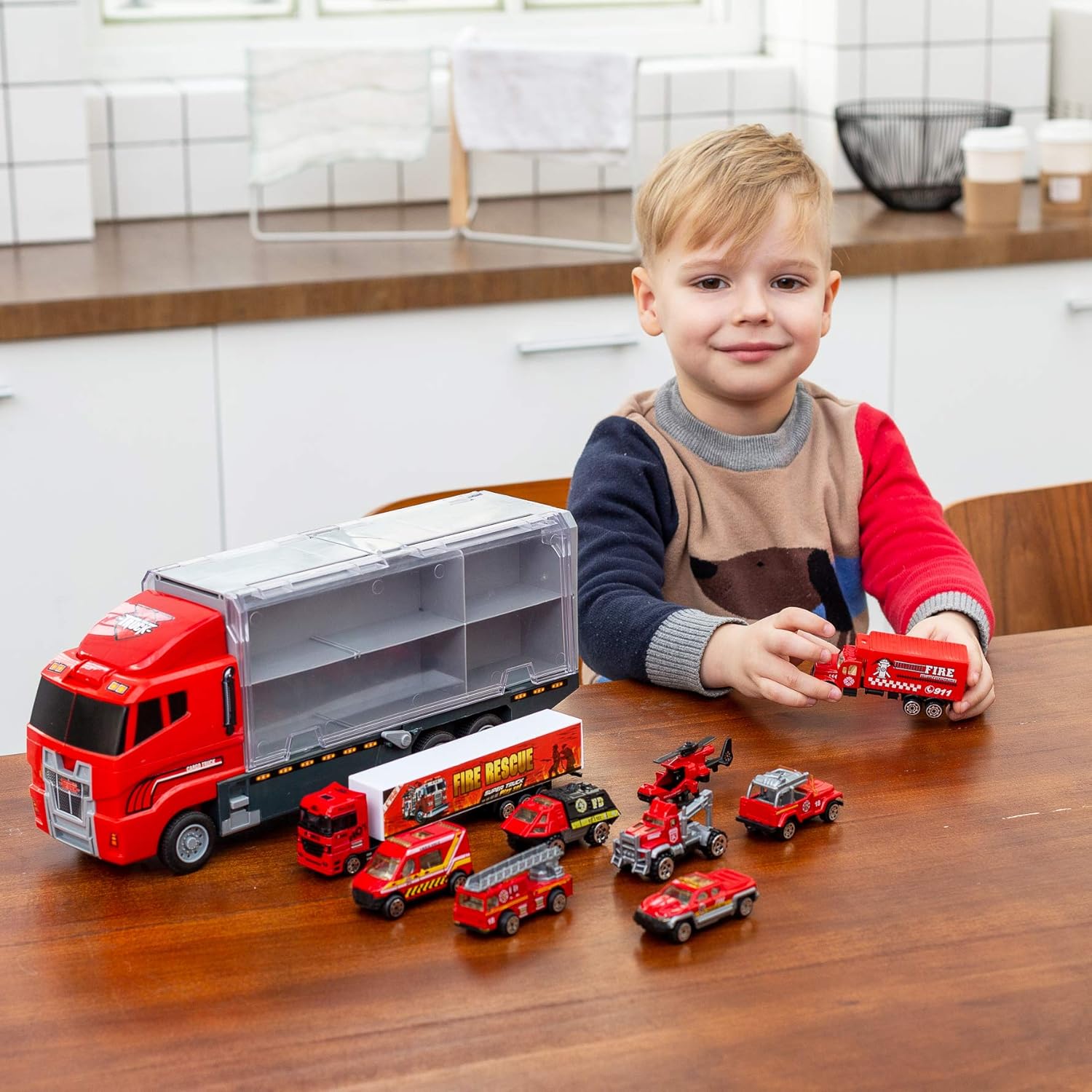 JOYIN 10 in 1 Die-cast Fire Truck Engine Vehicle Mini Rescue Emergency Fire Truck Toy Set in Carrier Truck: Toys & Games