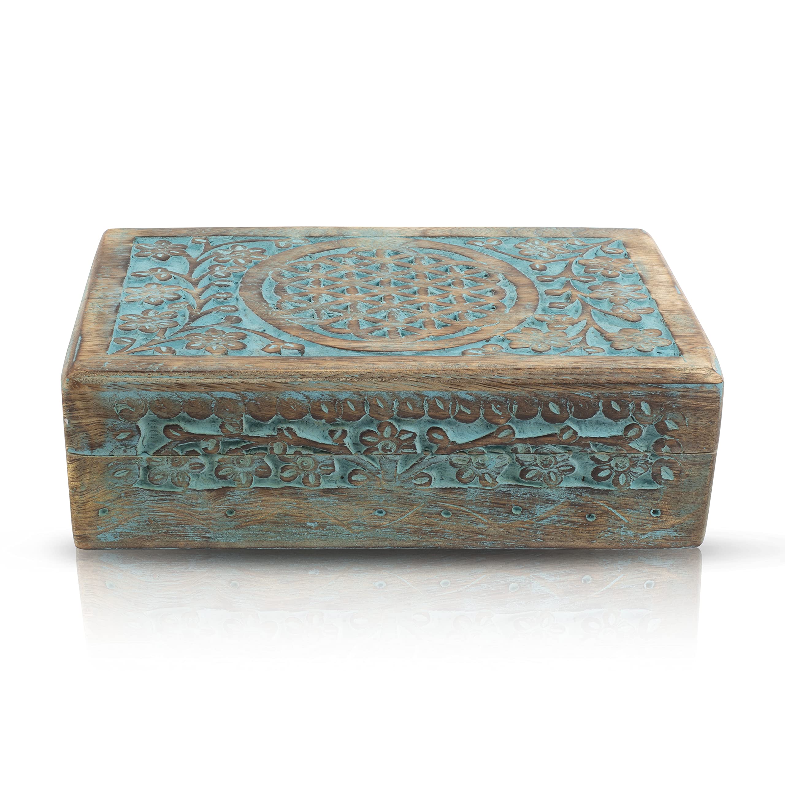 Great Birthday Gift Ideas Handmade Decorative Wooden Jewelry Keepsake Box Jewelry Organizer Treasure Chest Trinket Holder Watch Storage Lock Box Housewarming Gift Ideas (Blue Wash Finish)