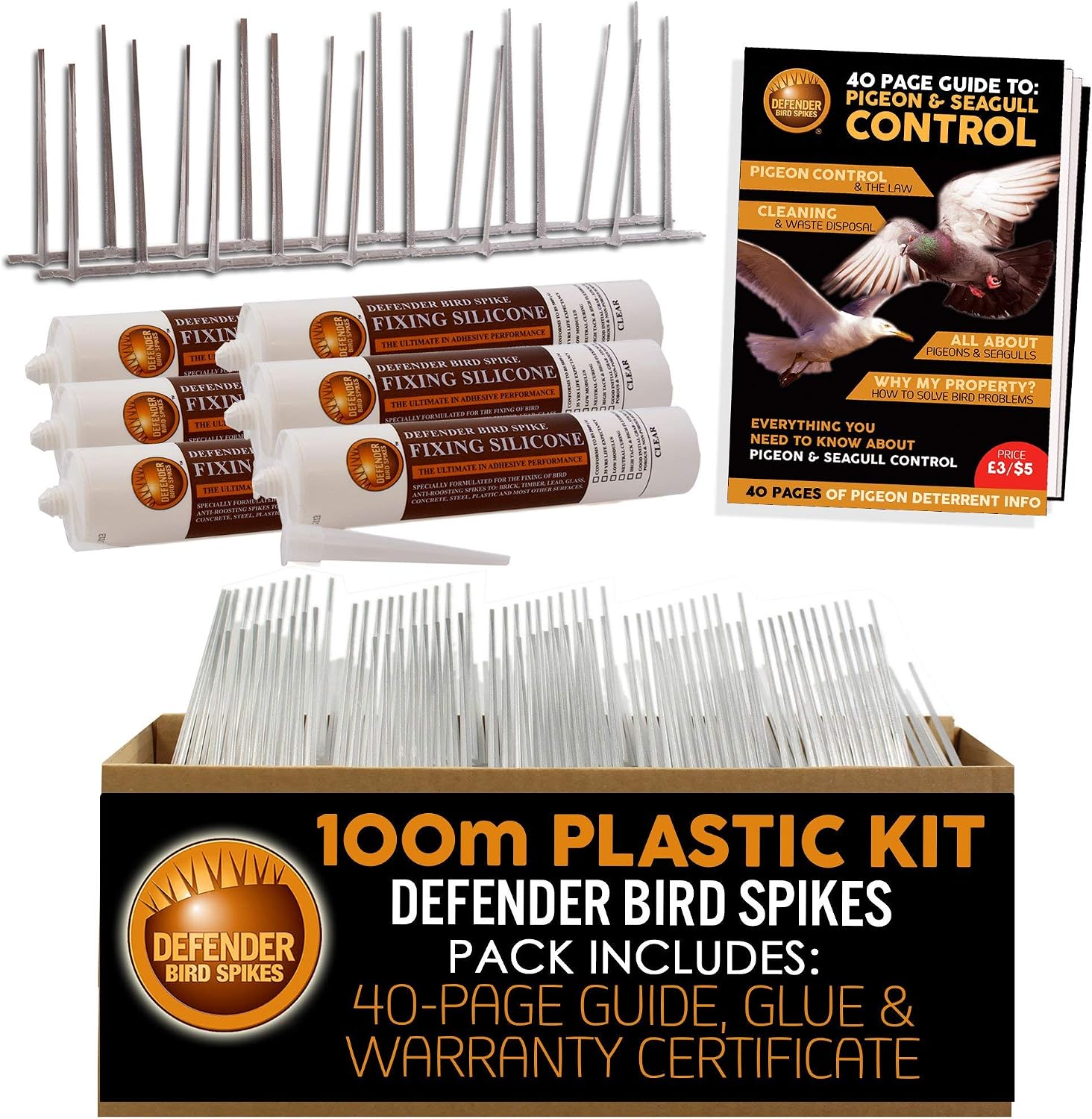 Defender Plastic Pigeon Spikes Pack, Clear, 100 Metre with Glue