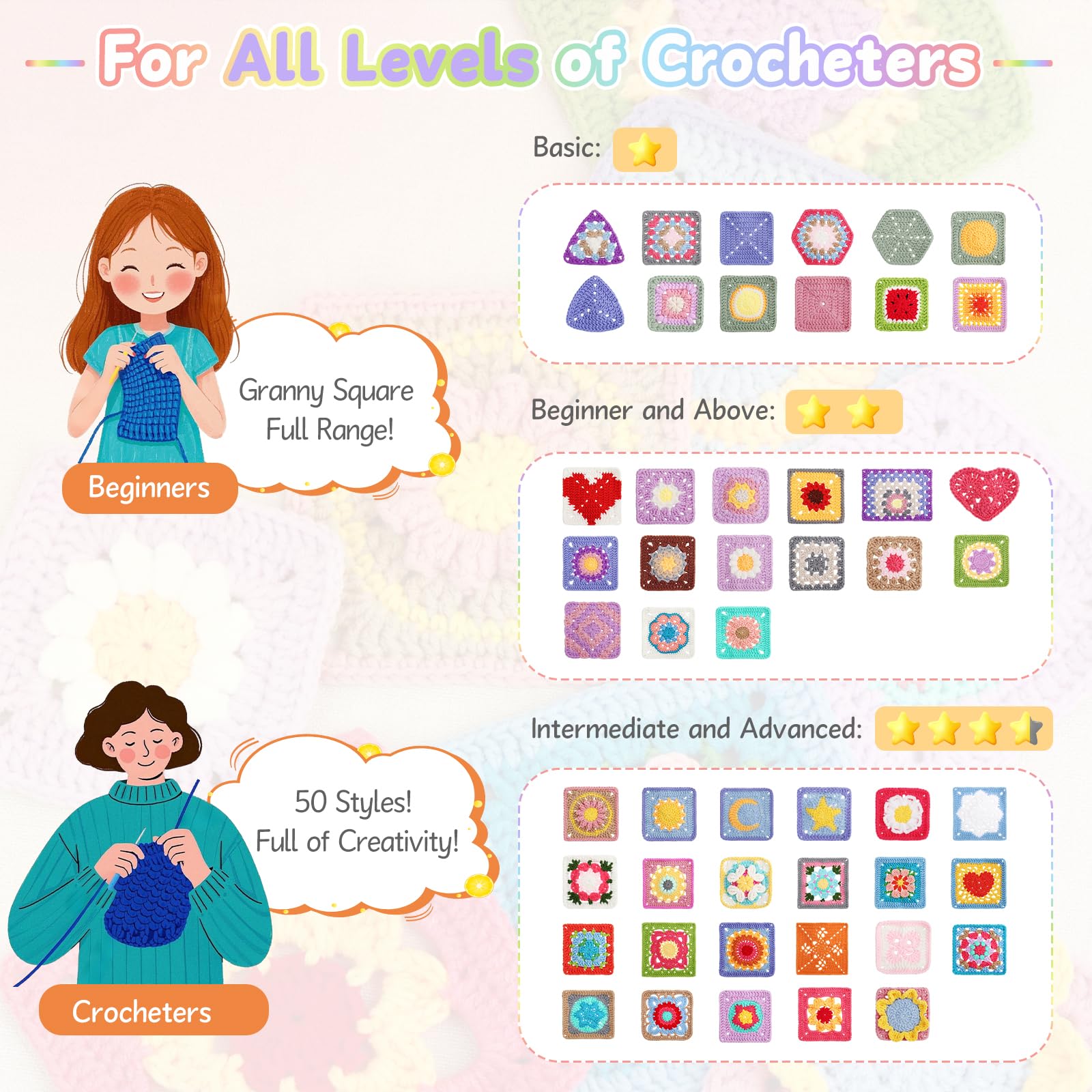 Coopay Crochet Kit for Beginners, Granny Square Crochet Kit with 2 Crochets Book & Video Card, Crochets Starter Kit for Adults Learn to Knitting, Granny Square Card Deck - 50 Mix & Match Designs