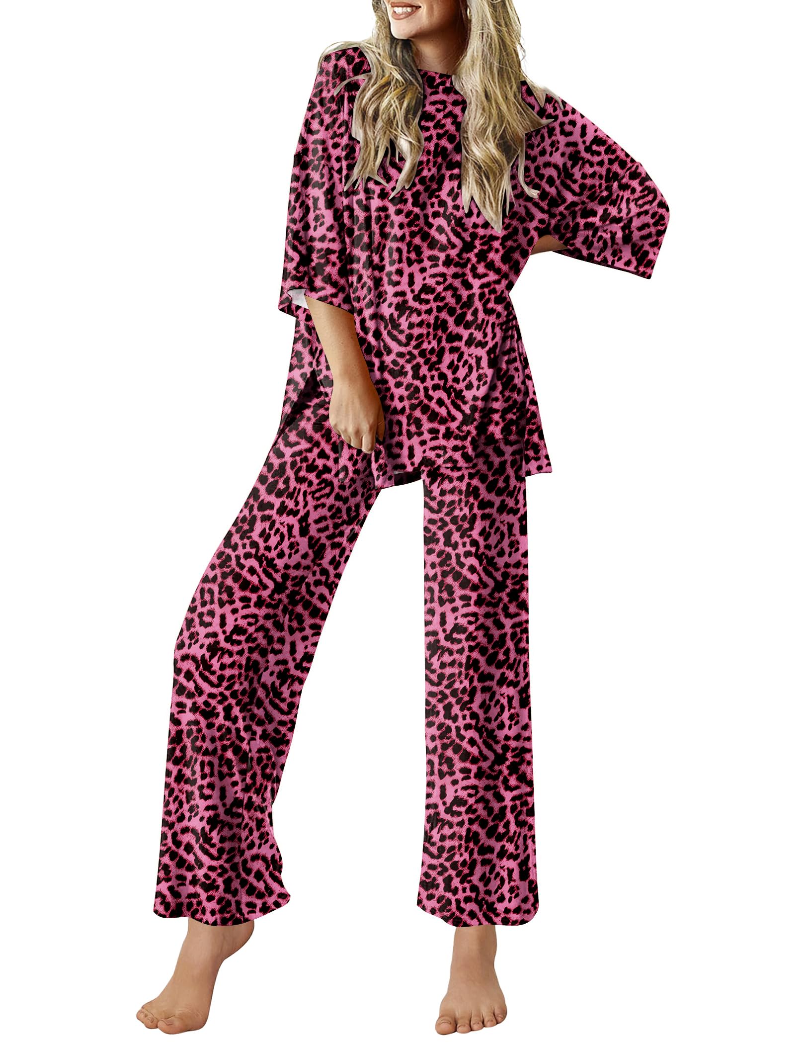 Ekouaer Lounge Sets for Women Short Sleeve Tops and Long Pants Soft Comfy Pajamas Set 2 Piece Outfits,Rose Leopard,XXL Image