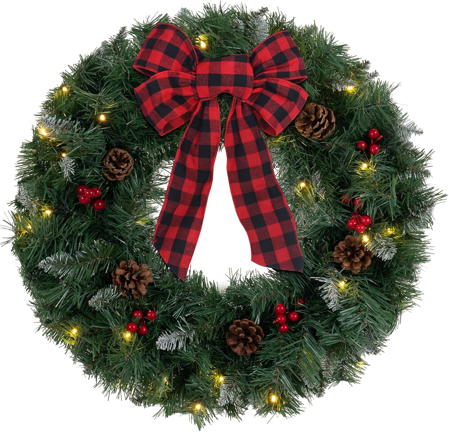 Wreaths, Garlands & Swags - MEETYAMOR Christmas Wreath for Front Door, 24 Inch Large Flocked Pine Bowtie Wreaths for Home Outdoor Indoor, Battery Operated Prelit Christmas Door Decorations Winter Ornaments with Timer Led Lights