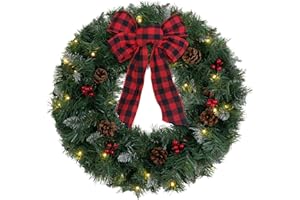 MEETYAMOR Christmas Wreath for Front Door, 24 Inch Large Flocked Pine Bowtie Wreaths for Home Outdoor Indoor, Battery Operated Prelit Christmas Door Decorations Winter Ornaments with Timer Led Lights