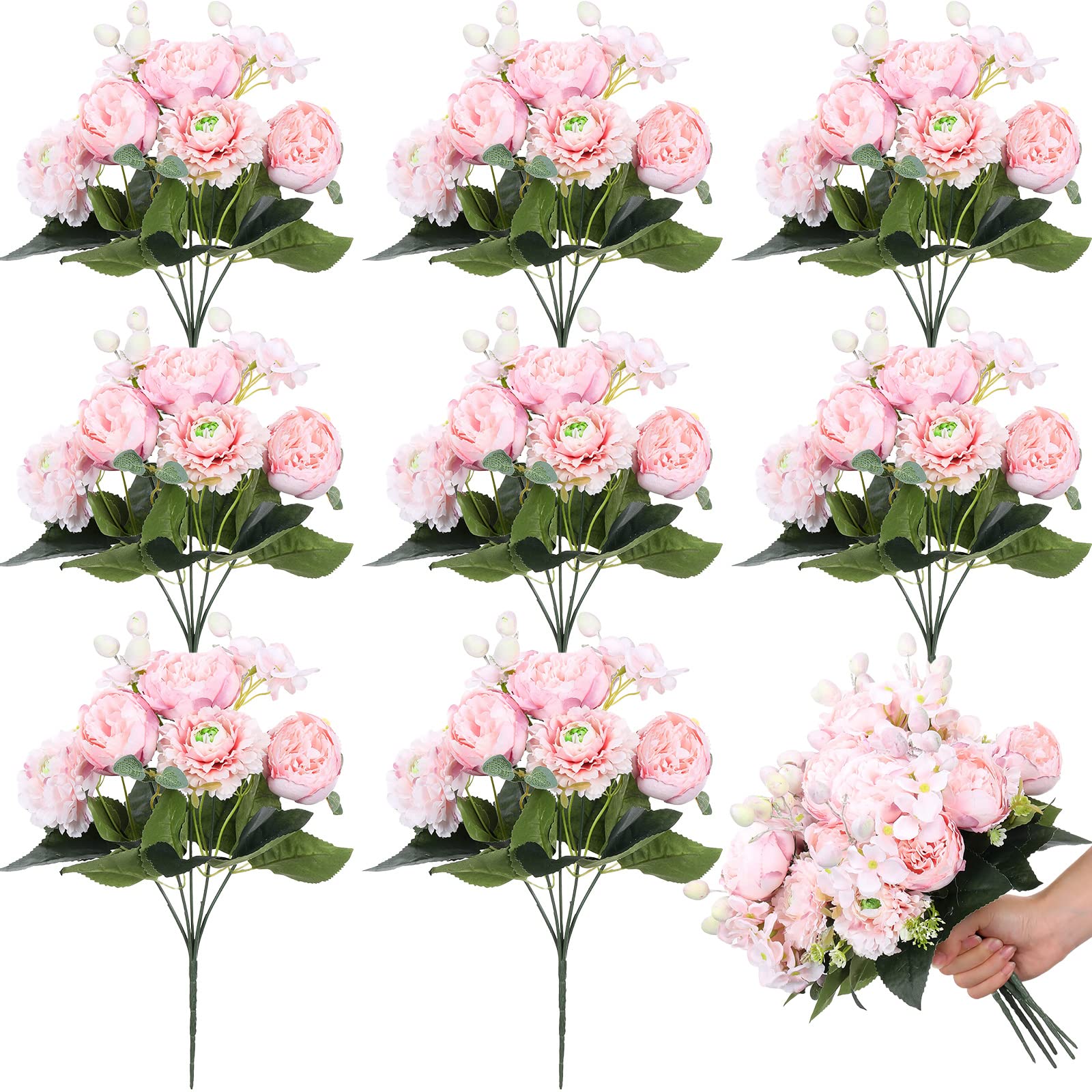 Photo 1 of Crowye 8 Bouquets Wedding Silk Peony Hydrangea Flowers with Stems Elegant Faux Vintage Artificial Flowers for Decoration for DIY Table Party Decor Centerpieces Home(Light Pink)