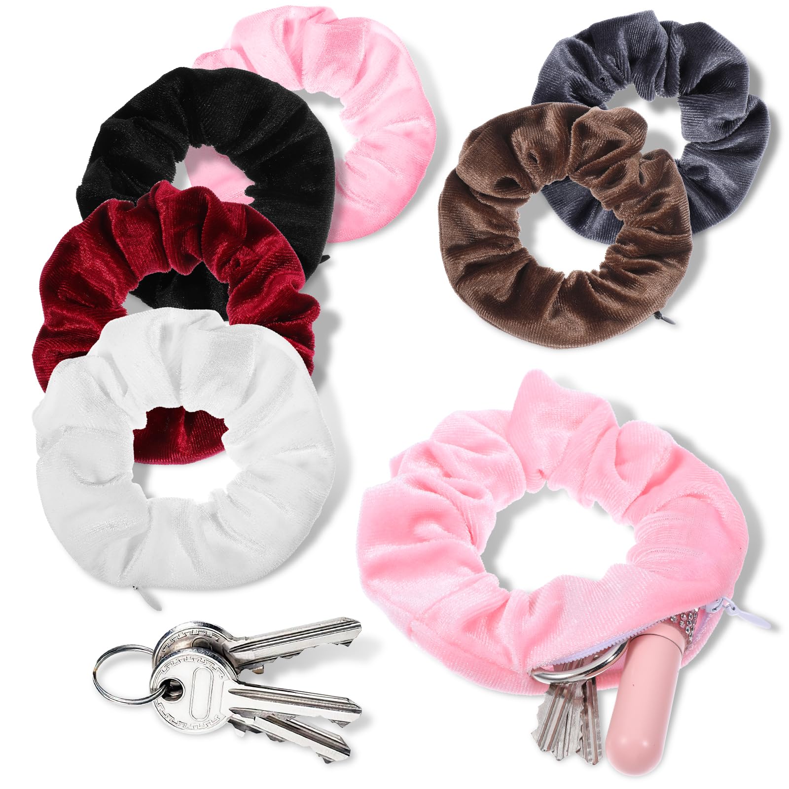 Photo 1 of Ouligay 6 Pcs Hidden Pocket Scrunchie,Velvet Scrunchies with Hidden Compartment Items,Velvet Hair Ties Bracelet,Hair Accessories with Zipper Pocket for Lip Cash Earphone Small Object Storage Hidden