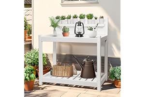 PASAMIC Vinyl PVC Potting Bench, Outdoor Indoor Potting Table, Waterproof Garden Table, Maintenance Free Workstation with Open Shelf, Lower Storage & Removable Tabletop, 44x21.6x43 in, White