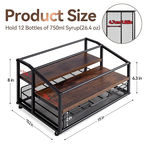 KIMILUS COFFEE SYRUP RACK ORGANIZER, 3-TIER 8 BOTTLE SYRUP RACK WITH 35 K CUP DRAWER FOR COFFEE BAR, COUNTERTOP BOTTLE HOLDER STAND FOR DRESSING FOR KITCHEN CAFE STATION