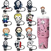 12pcs Horror Halloween Straw Toppers for Stanley Cups Horror Movie Characters Silicone Straw Covers for Stanley 30&40 Oz Tumbler, Reusable Soft Drinking Straw Caps for 10 mm Straws