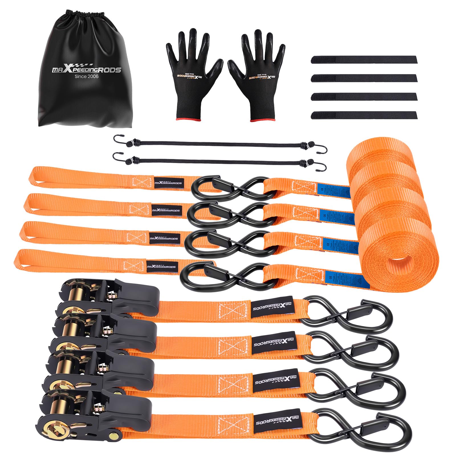 maXpeedingrods 4x 997kg Tie Down Straps 15ft (4.5m), Ratchet Straps 2200lb, Lashing Straps 25mm, Straps with safety clip S-hooks, motorcycle tie down straps, EN 12195-2 - Orange