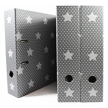 Frau WUNDERVoll® 3 AKTENORDNER DIN A4, 75mm, grau mit weißen Punkten und Sternen / Ringordner breit, 2 Ringe, Pappordner, Bri