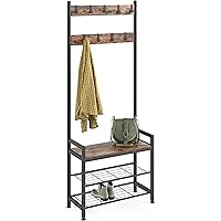 Ballucci 3-in-1 Coat Rack Shoe Bench and Hall Tree Entryway Organizer Storage Shelf, Free Standing Wood with 9 Metal Hooks an