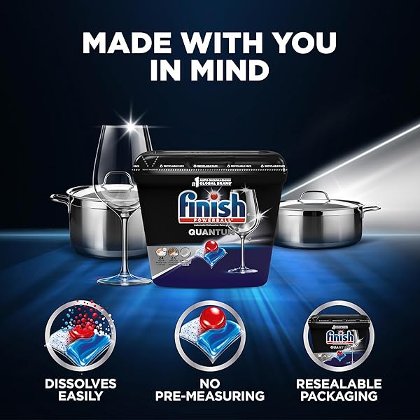 FINISH QUANTUM DISHWASHER PODS, NO PRE-RINSE DISHWASHER DETERGENT SOAP REMOVES 24HR DRIED-ON STAIN AND GREASE, LEAVING A VIRTUALLY SPOTLESS SHINE, 62 COUNT