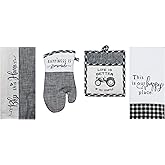 4 Piece Black and White Farmhouse Country Kitchen Linen Set - 2 Towels, Oven Mitt and Pocket Pot Holder