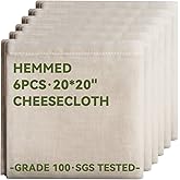 Olicity Cheese Cloths, 6PCS, Grade 100,20x20Inch Hemmed Cheese Cloth Fabric Reusable Fine Mesh Cloth, 100% Cotton Unbleached 