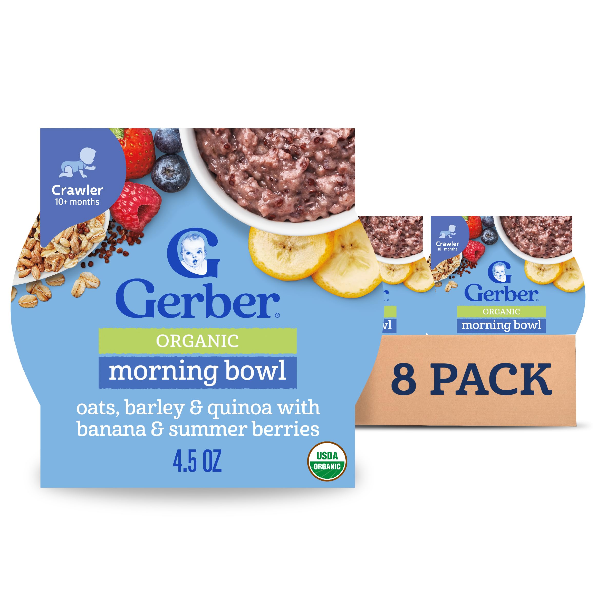 Gerber Stage 3 Baby Food, Organic Morning Bowl, Oats Barley & Quinoa, Baby Oatmeal, 8PK