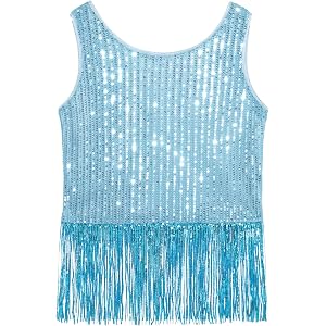 Noomelfish Girls Sequin Fringe Crop Tops Tassel Sparkly Glitter Dance Sleeveless Tank Shirt (5-12 Years)