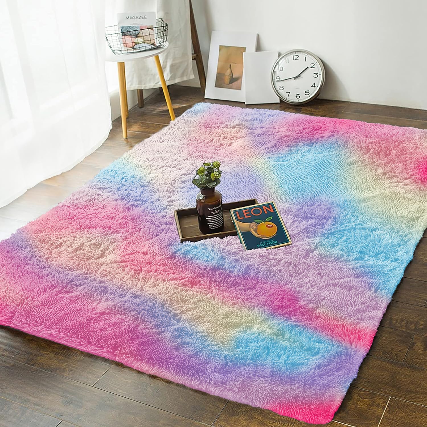 MOONLIGHT20015 Fluffy Rugs Living Room – Super Soft Shaggy Area Rugs for Bedroom 80cm x 150cm Anti-Slip – Modern Plush Carpet Non Shedding Easy To Clean Rug, Rainbow