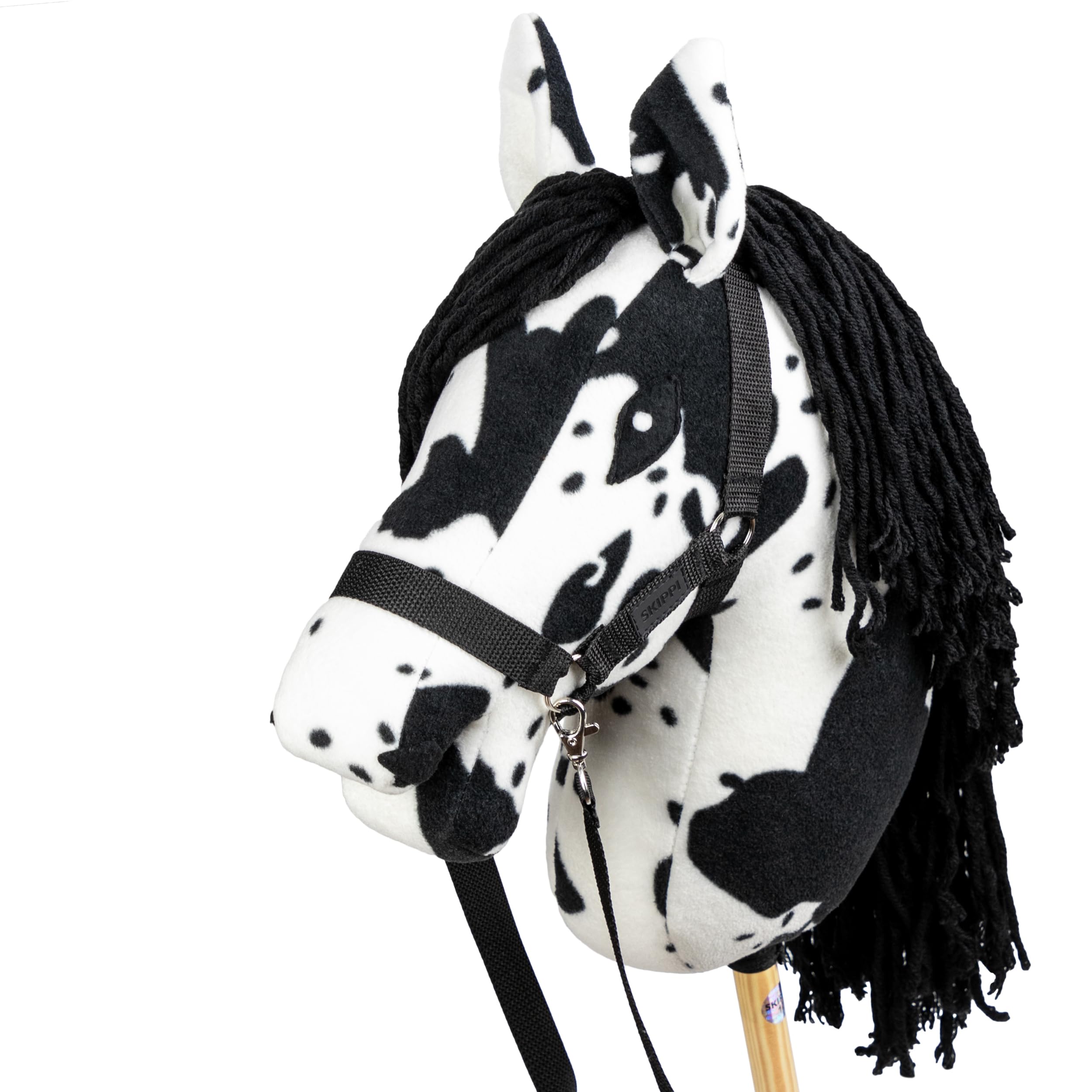 SKIPPI Hobby Horse Piebald Tobiano, Halter and Reins Included, White & Black Horse on a Stick, Large A3 Size