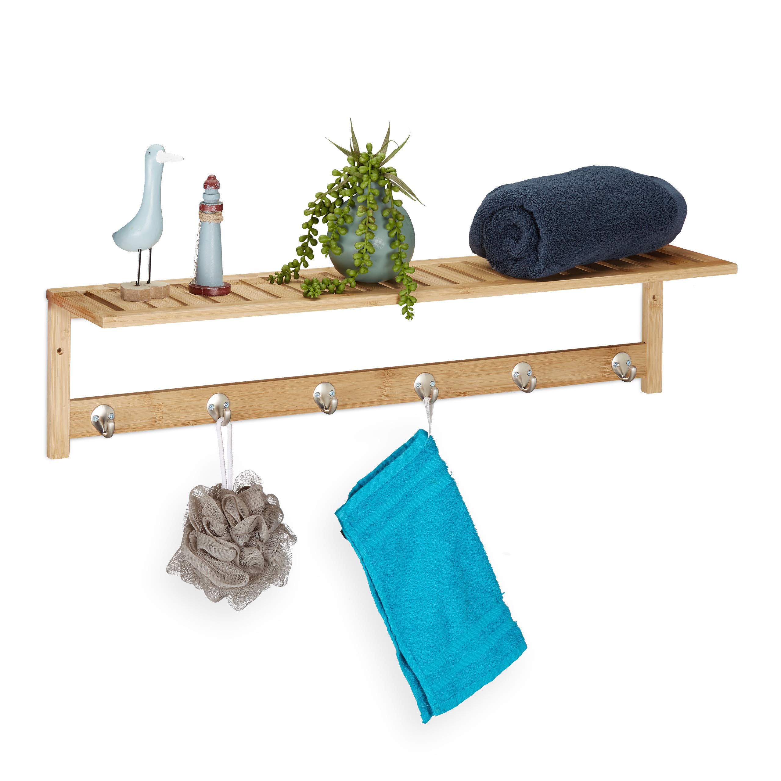 Relaxdays Towel Rack with 6 Hooks and Shelf, for Hallway, Kitchen & Bathroom, Modern, Bamboo, 18 x 75 x 16 cm, Natural — image 1