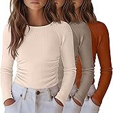 LessonZoo 3 Pack Girls Long Sleeve Shirts Ribbed Knit Draw Pleats Tops Slim Fit Crew Neck Cotton Undershirts Cute Sizes 5-14