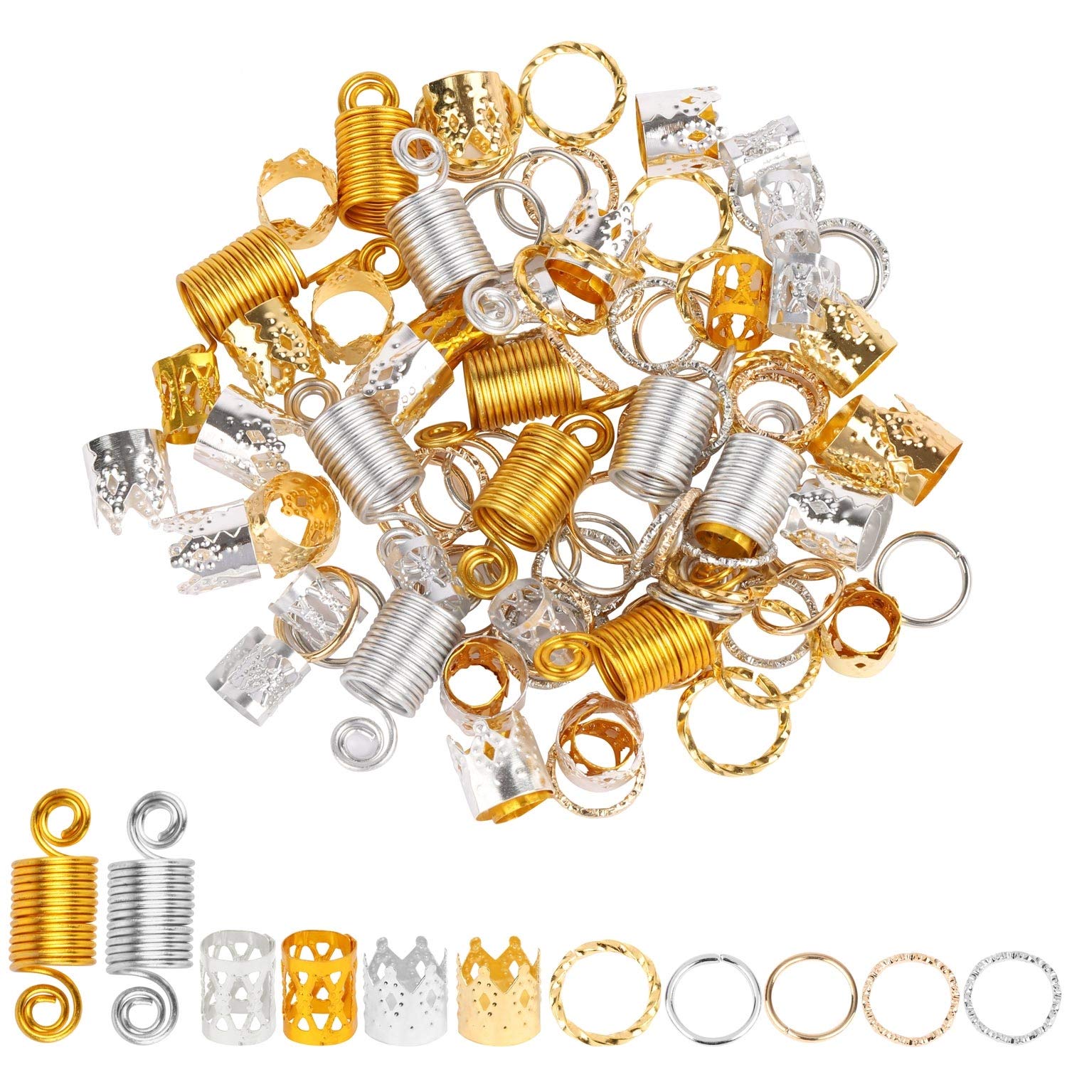 200 Pieces Dreadlocks Beads Set Hair Rings Jewelry for Braids 6 Styles Dreadlocks Accessories Hair Cuffs Metal Hair Braiding Hair Decorations - Gold and Silver