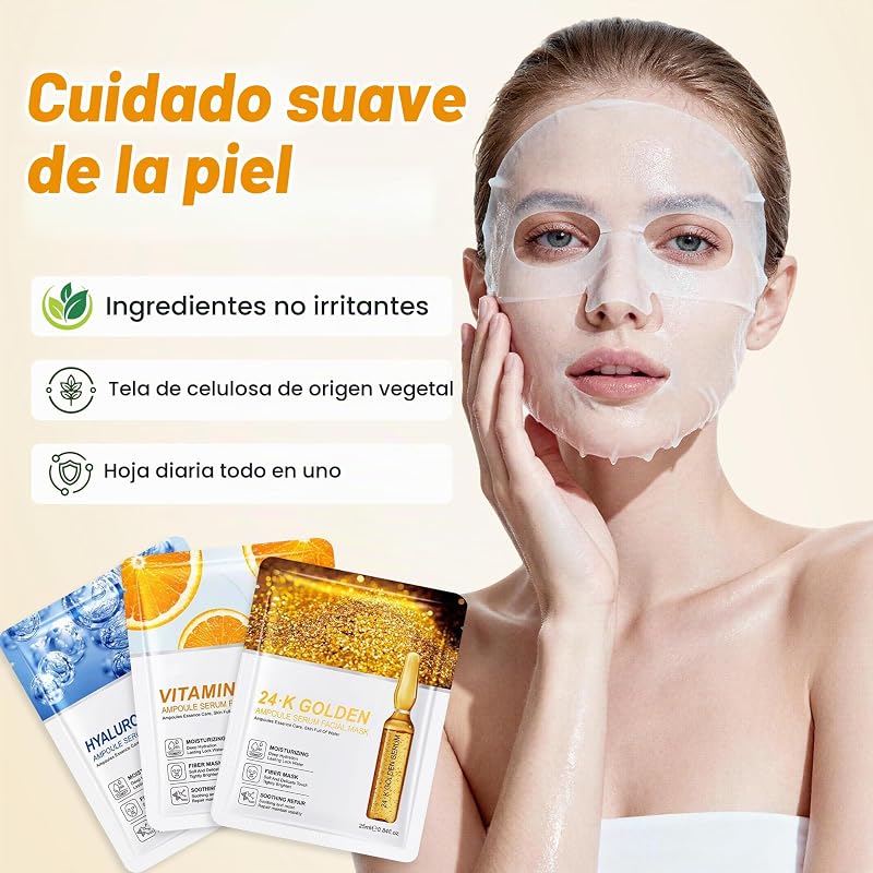 Conjunto de 15 máscaras faciais para mulheres, máscara facial de colagénio com ácido hialurónico, citamina C e ouro 24K, hidrante, nutrientes, anti-idade