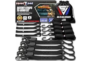 Ratchet Tie Down Straps (4 Pack) - 1,823lb Max Break Strength incl. (4) Heavy Duty 1" x 15' Rachet Tie Downs with Hooks & Handles Best for Moving Securing Cargo by Straight Jacket Crew (Black)