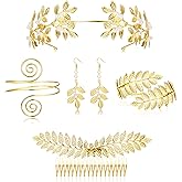LOYALLOOK 5Sets Grecian Goddess Costume Accessories Set Greek Leaf Headband Coil Bracelet Artificial Pearl Earrings Golden Leaves Bridal Hair Comb for Women Wedding Party