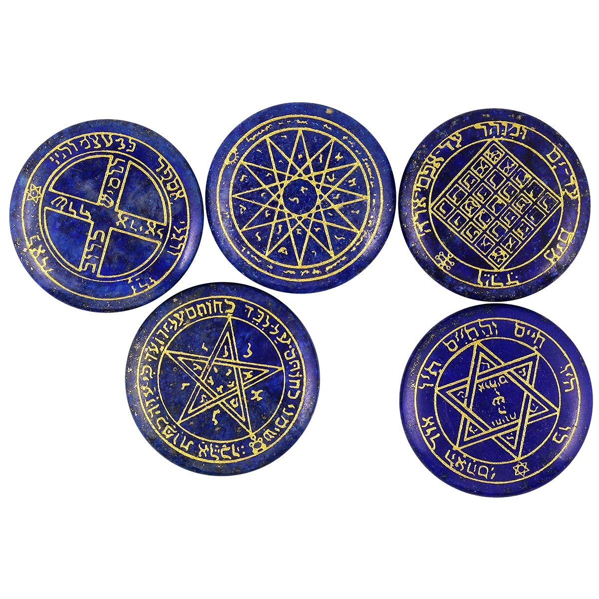 mookaitedecor Lapis Lazuli Crystal Witches Runes Set of 5, Healing Crystal Solomon Symbol Engraved Reiki Palm Stone Pagan Witch Room Decor Witchcraft Decor Wiccan Gifts for Meditation Amulet Talisman