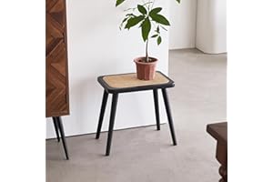 PJCOLL [PJ Collection] Natural Rattan Top Wood Stool, with Portable and Detachable Legs, Handcrafted, Lightweight, Hand Woven, Comfortable Support (Rectangle, Black)