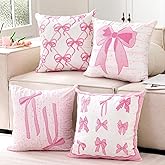 Mindsoft 4 Pcs Embroidered Pink Bow Pillow Covers 18 x 18 Inch Coquette Pink Embroidered Pillow Covers for Women Soft Plush Pillowcases for Couch Home Sofa Living Room Valentines Gifts