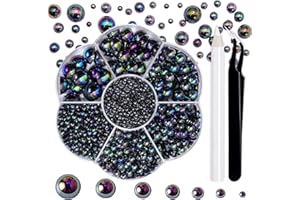 RODAKY 2300Pcs Flatback Pearls for Crafting Kit,Black AB Half Pearl Beads and Gems,2-10MM Flat Back Half Round Pearl for Nail